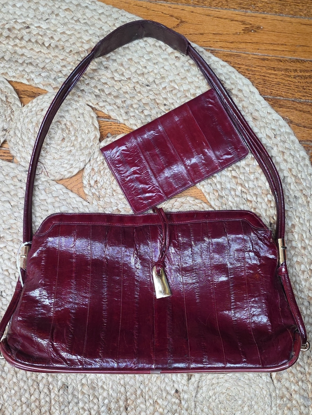 Vintage 80s Genuine Eel Skin Shoulder Bag & Wallet Set – Burgundy Oxblood Korean